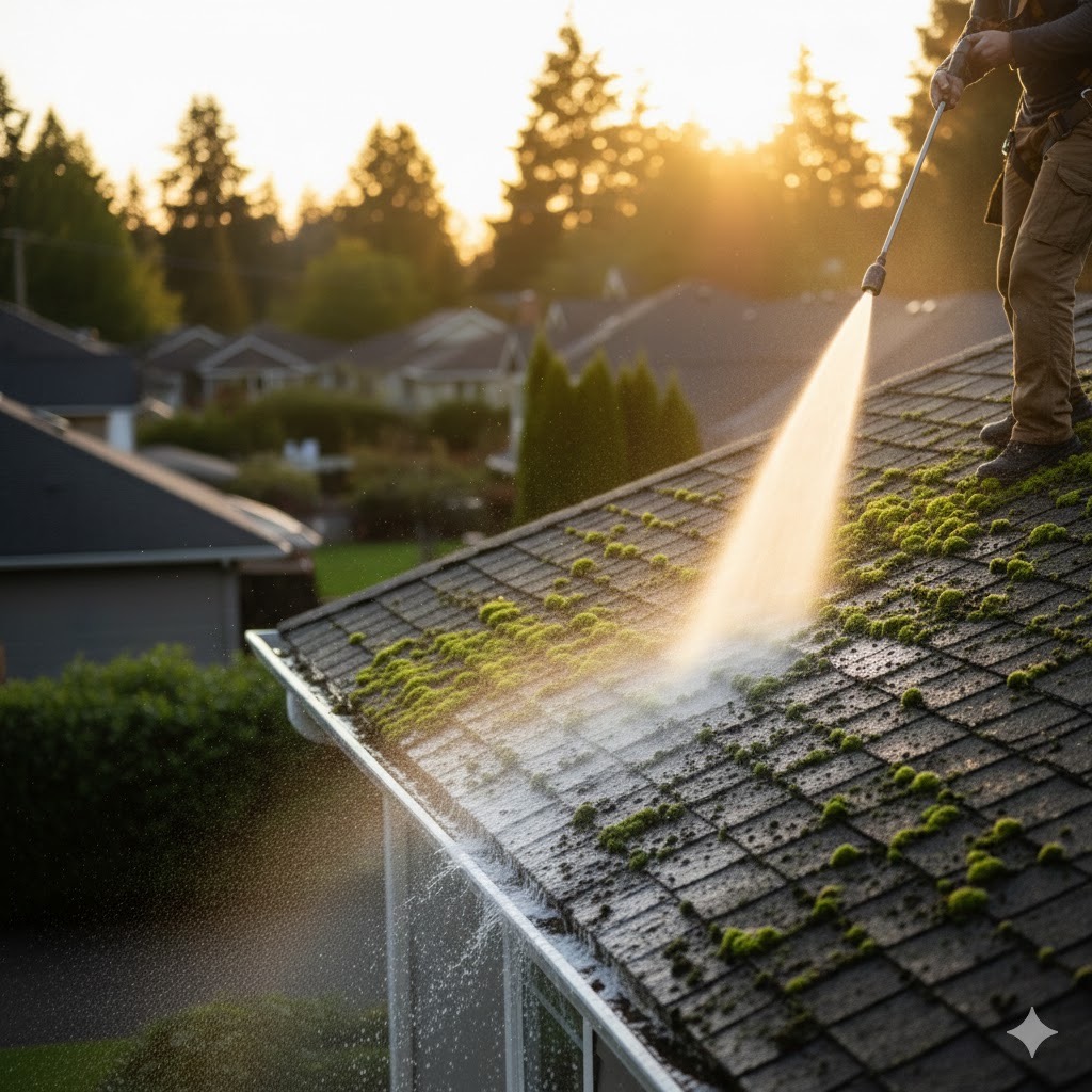 Professional roof cleaning removing dust and grime in Gilbert Arizona